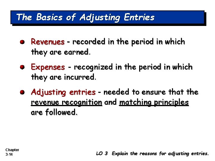 The Basics of Adjusting Entries Revenues - recorded in the period in which they