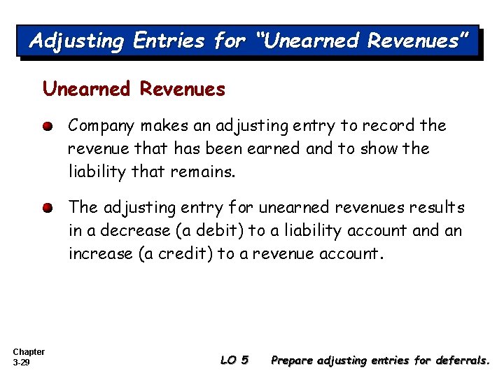 Adjusting Entries for “Unearned Revenues” Unearned Revenues Company makes an adjusting entry to record