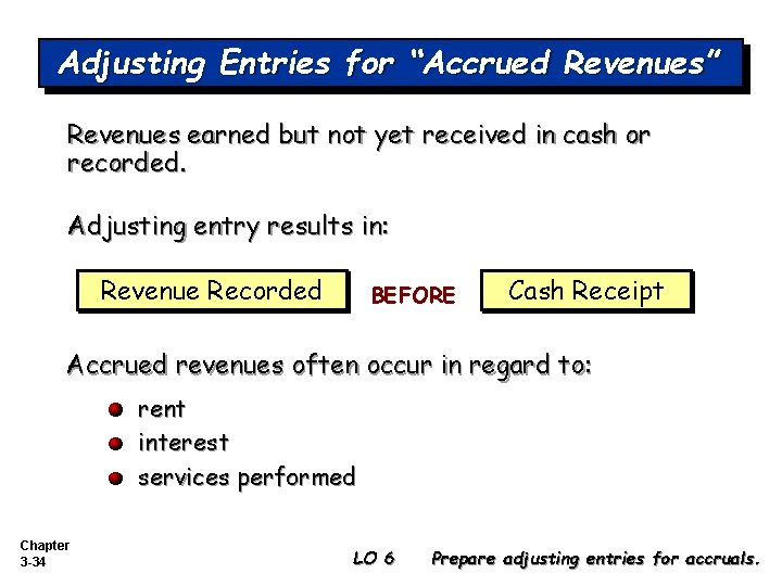 Adjusting Entries for “Accrued Revenues” Revenues earned but not yet received in cash or