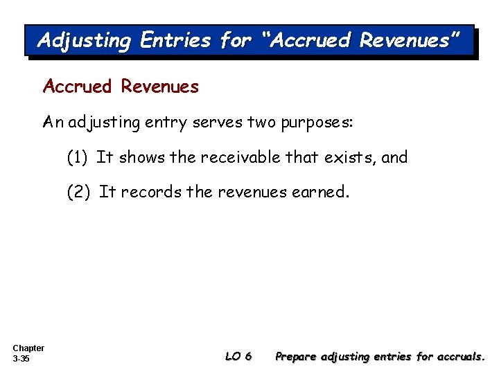 Adjusting Entries for “Accrued Revenues” Accrued Revenues An adjusting entry serves two purposes: (1)