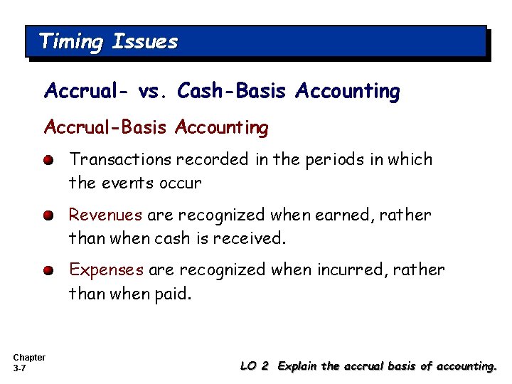 Timing Issues Accrual- vs. Cash-Basis Accounting Accrual-Basis Accounting Transactions recorded in the periods in