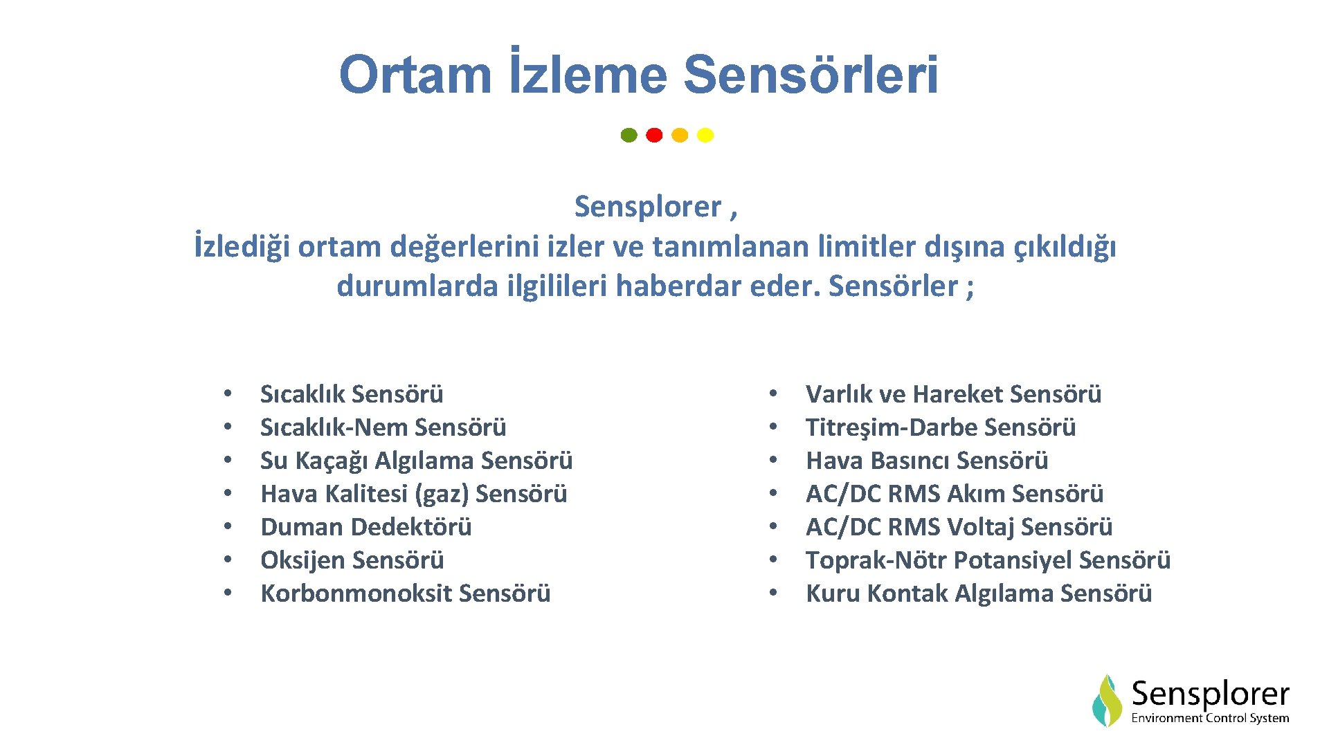 Ortam İzleme Sensörleri Sensplorer , İzlediği ortam değerlerini izler ve tanımlanan limitler dışına çıkıldığı