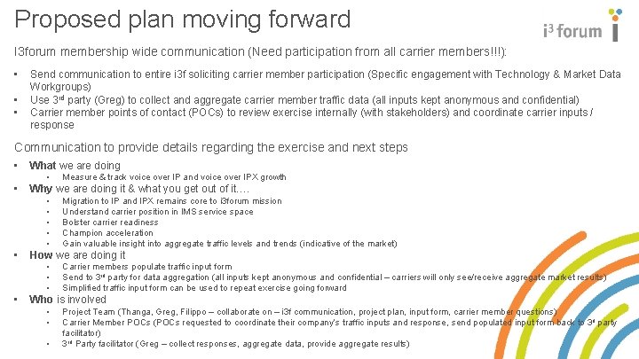 Proposed plan moving forward I 3 forum membership wide communication (Need participation from all