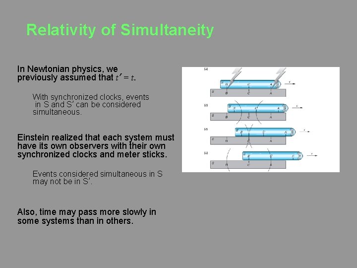 Relativity of Simultaneity In Newtonian physics, we previously assumed that t’ = t. With