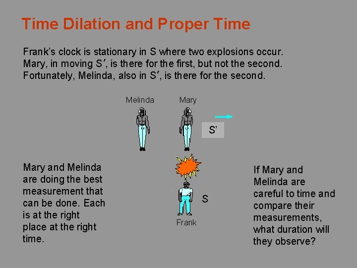 Time Dilation and Proper Time Frank’s clock is stationary in S where two explosions