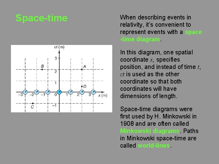 Space-time When describing events in relativity, it’s convenient to represent events with a space