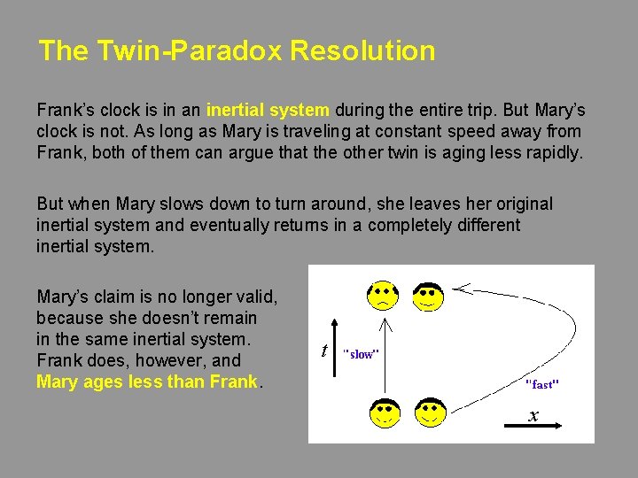 The Twin-Paradox Resolution Frank’s clock is in an inertial system during the entire trip.
