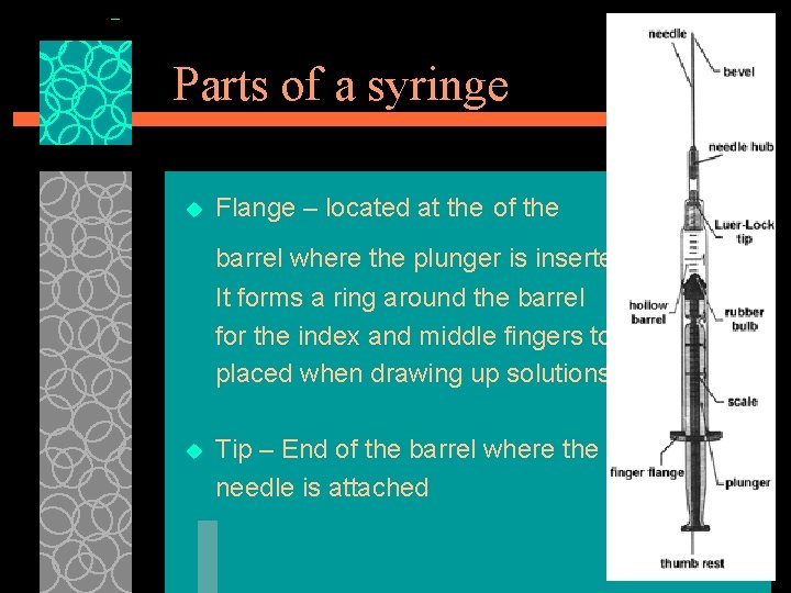 Parts of a syringe u Flange – located at the of the barrel where