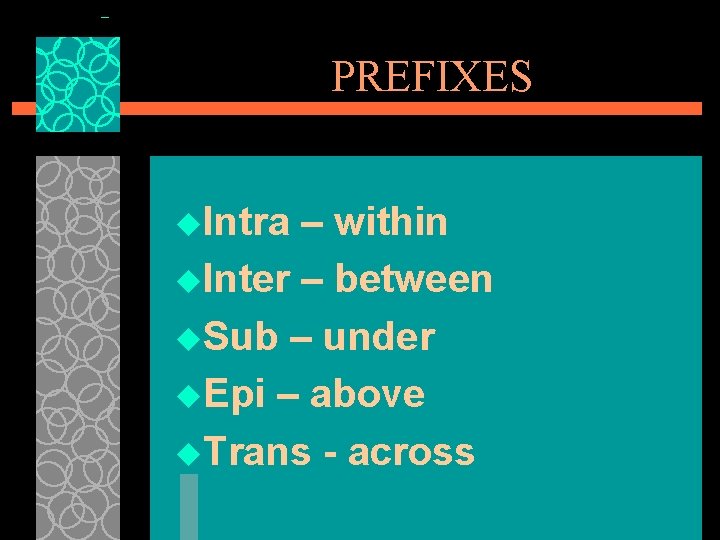 PREFIXES u. Intra – within u. Inter – between u. Sub – under u.