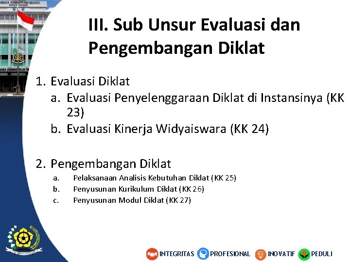 III. Sub Unsur Evaluasi dan Pengembangan Diklat 1. Evaluasi Diklat a. Evaluasi Penyelenggaraan Diklat III. Sub Unsur Evaluasi dan Pengembangan Diklat 1. Evaluasi Diklat a. Evaluasi Penyelenggaraan Diklat