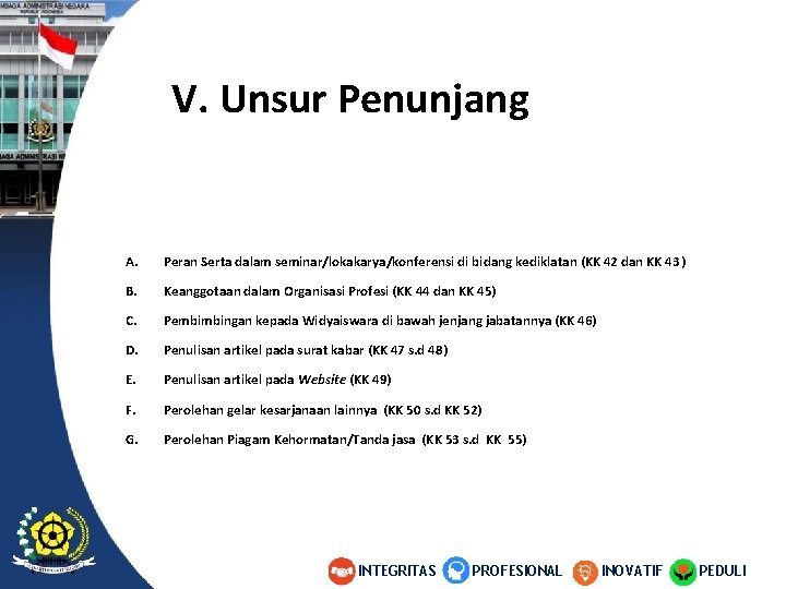 V. Unsur Penunjang A. Peran Serta dalam seminar/lokakarya/konferensi di bidang kediklatan (KK 42 dan V. Unsur Penunjang A. Peran Serta dalam seminar/lokakarya/konferensi di bidang kediklatan (KK 42 dan
