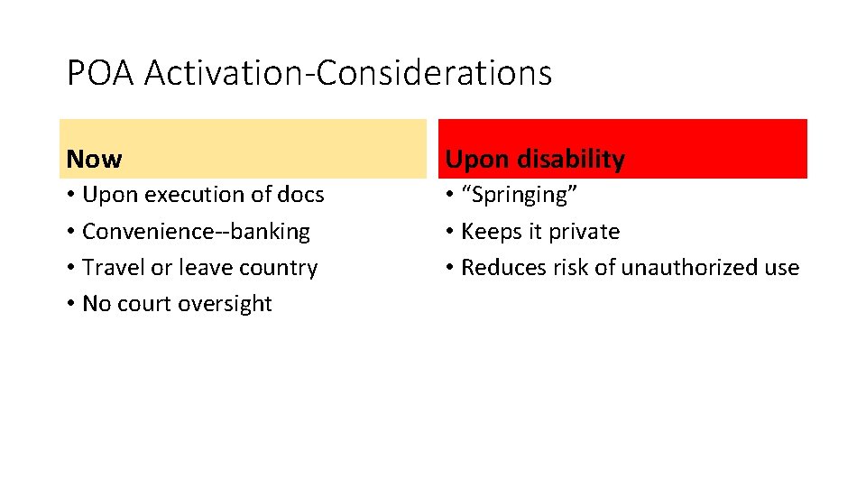 POA Activation-Considerations Now Upon disability • Upon execution of docs • Convenience--banking • Travel