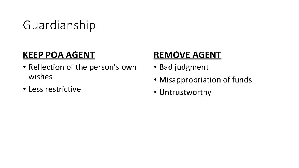 Guardianship KEEP POA AGENT REMOVE AGENT • Reflection of the person’s own wishes •