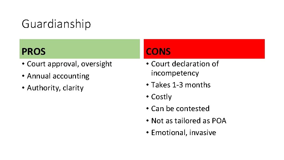 Guardianship PROS CONS • Court approval, oversight • Annual accounting • Authority, clarity •