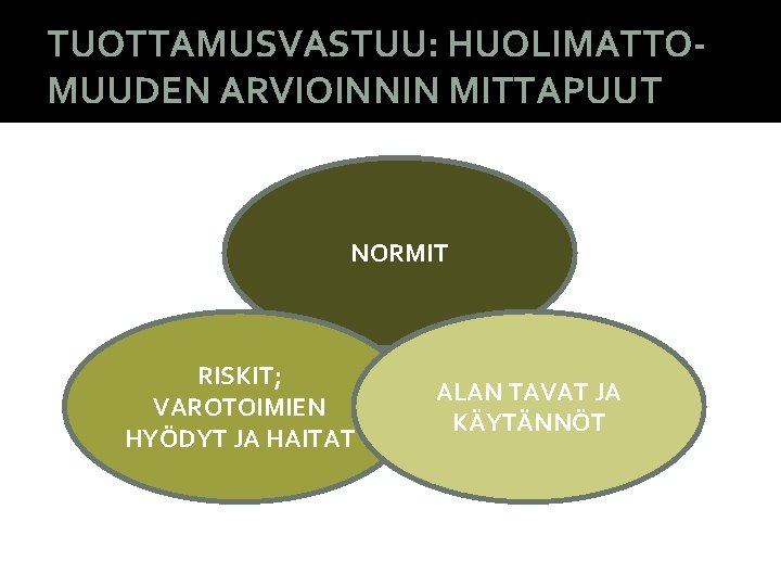 TUOTTAMUSVASTUU: HUOLIMATTOMUUDEN ARVIOINNIN MITTAPUUT NORMIT RISKIT; VAROTOIMIEN HYÖDYT JA HAITAT ALAN TAVAT JA KÄYTÄNNÖT