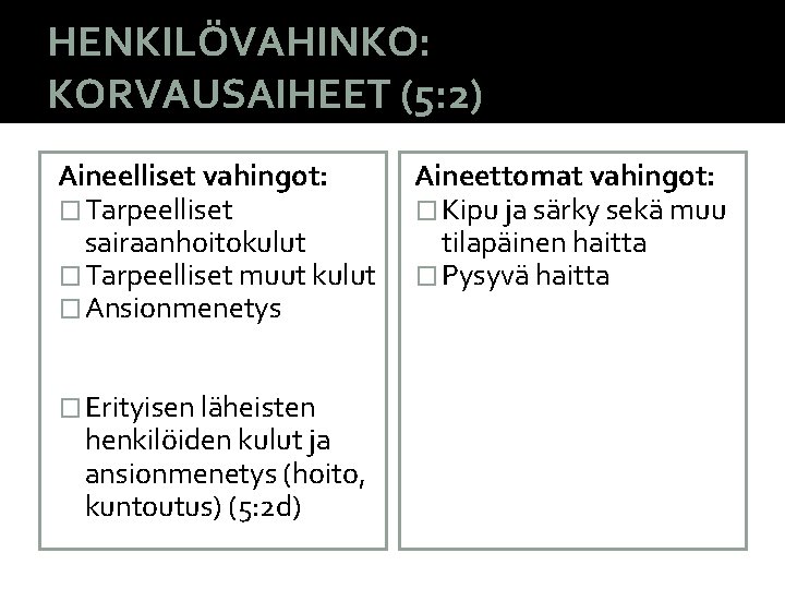 HENKILÖVAHINKO: KORVAUSAIHEET (5: 2) Aineelliset vahingot: � Tarpeelliset sairaanhoitokulut � Tarpeelliset muut kulut �