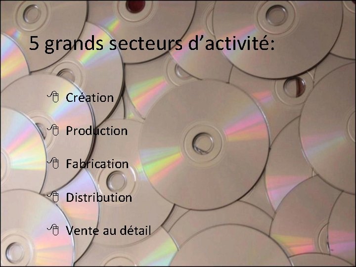 5 grands secteurs d’activité: Création Production Fabrication Distribution Vente au détail 5 grands secteurs d’activité: Création Production Fabrication Distribution Vente au détail