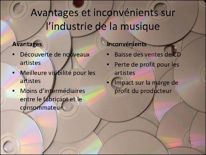 Avantages et inconvénients sur l’industrie de la musique Avantages Inconvénients • Découverte de nouveaux Avantages et inconvénients sur l’industrie de la musique Avantages Inconvénients • Découverte de nouveaux