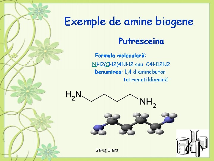 Exemple de amine biogene Putresceina Formula moleculară: NH 2(CH 2)4 NH 2 sau C