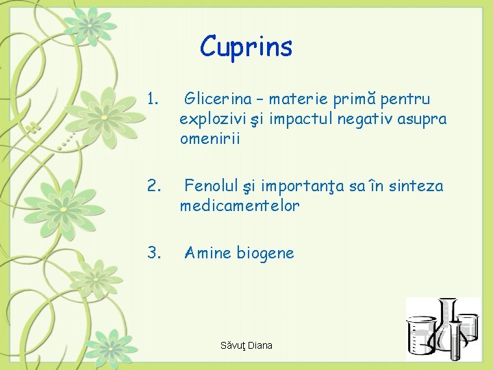 Cuprins 1. Glicerina – materie primă pentru explozivi şi impactul negativ asupra omenirii 2.