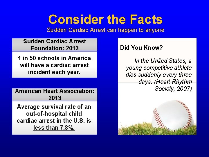 Consider the Facts Sudden Cardiac Arrest can happen to anyone Sudden Cardiac Arrest Foundation: