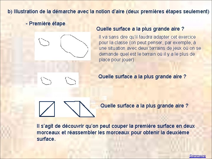 b) Illustration de la démarche avec la notion d’aire (deux premières étapes seulement) -