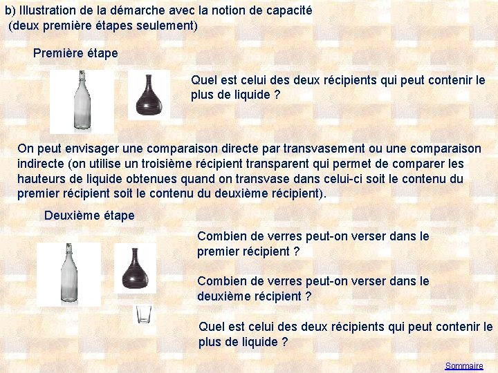 b) Illustration de la démarche avec la notion de capacité (deux première étapes seulement)