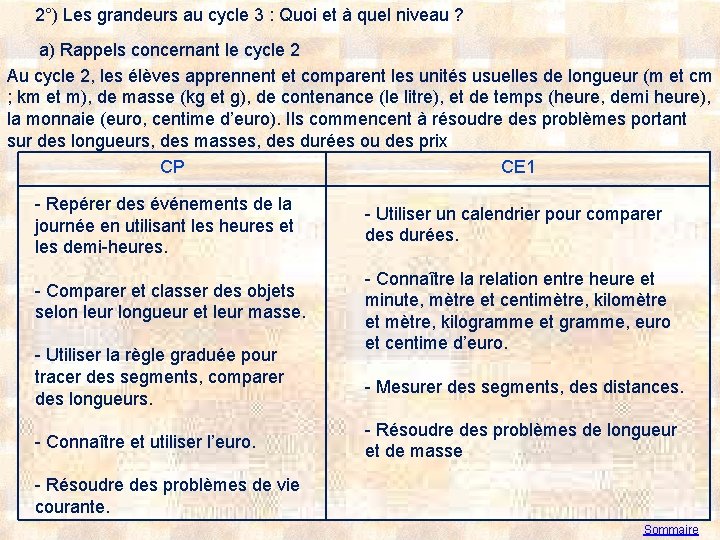 2°) Les grandeurs au cycle 3 : Quoi et à quel niveau ? a)
