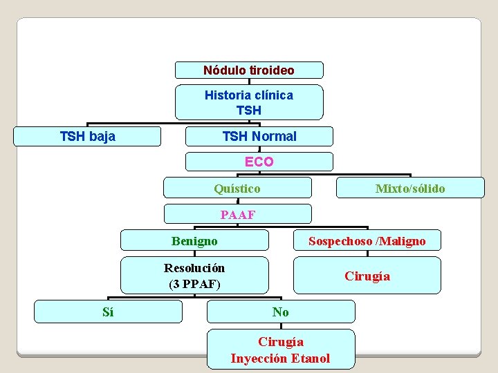 Nódulo tiroideo Historia clínica TSH baja TSH Normal ECO Quístico Mixto/sólido PAAF Sí Benigno