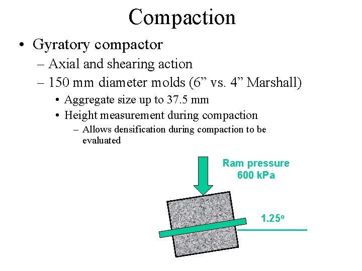 Compaction • Gyratory compactor – Axial and shearing action – 150 mm diameter molds
