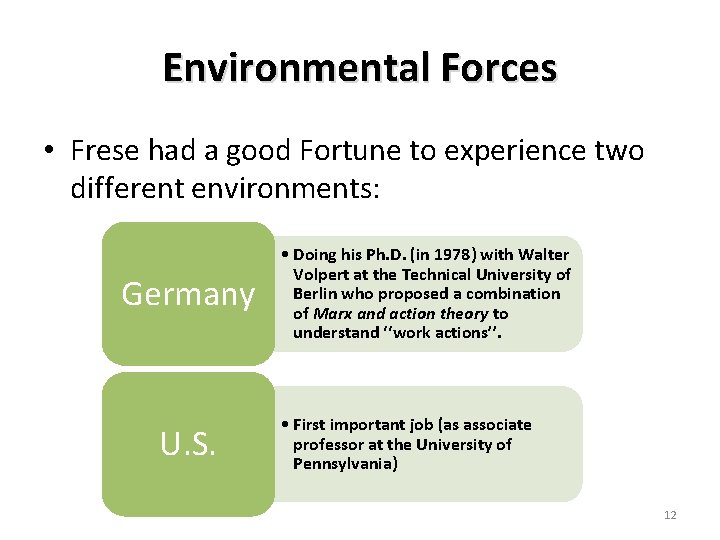 Environmental Forces • Frese had a good Fortune to experience two different environments: Germany