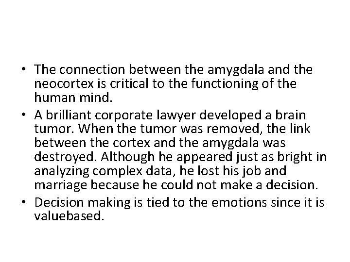  • The connection between the amygdala and the neocortex is critical to the