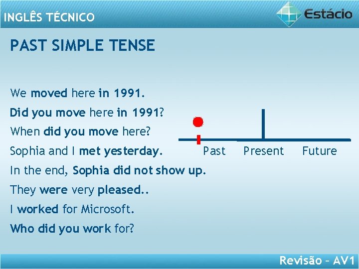 INGLÊS TÉCNICO PAST SIMPLE TENSE We moved here in 1991. Did you move here