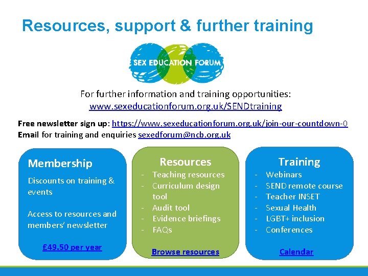 Resources, support & further training For further information and training opportunities: www. sexeducationforum. org.