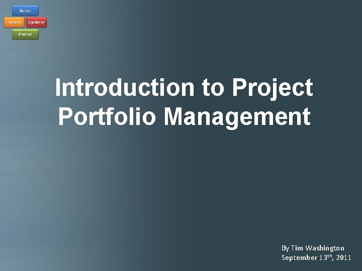 Introduction to Project Portfolio Management By Tim Washington September 13 th, 2011 