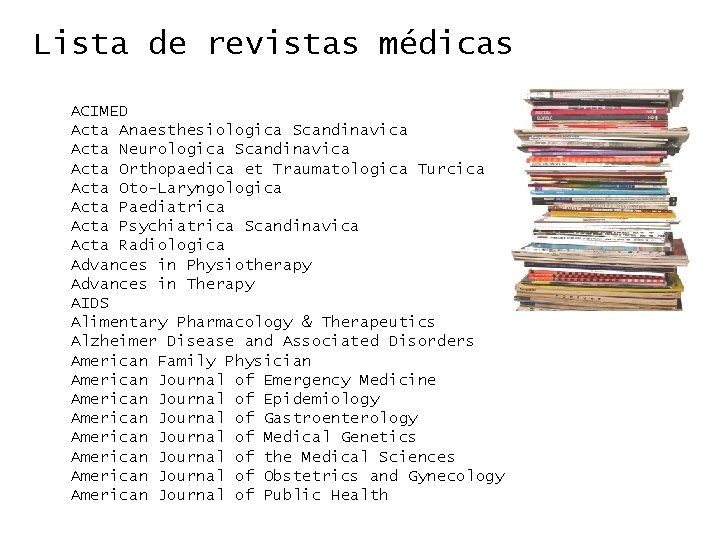 Lista de revistas médicas ACIMED Acta Anaesthesiologica Scandinavica Acta Neurologica Scandinavica Acta Orthopaedica et