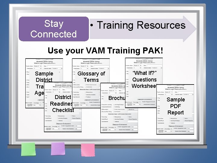 Stay Connected • Training Resources Use your VAM Training PAK! Sample District Trainer Agenda