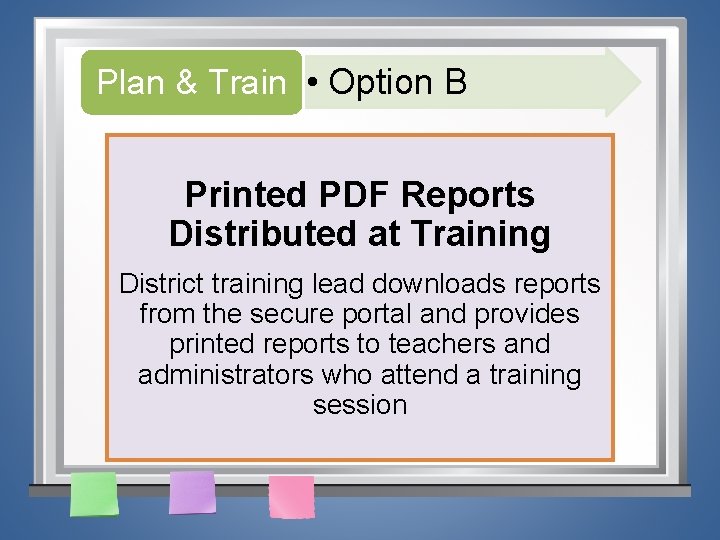 Plan & Train • Option B Printed PDF Reports Distributed at Training District training