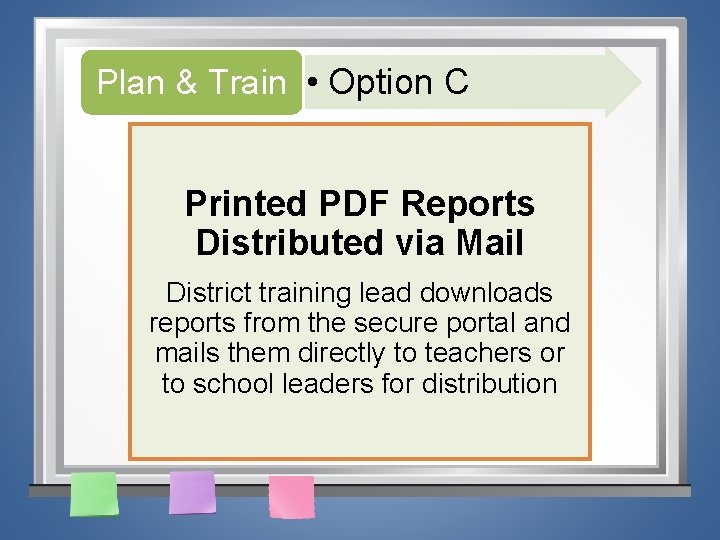 Plan & Train • Option C Printed PDF Reports Distributed via Mail District training