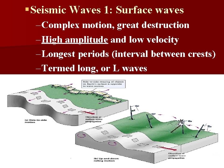 § Seismic Waves 1: Surface waves – Complex motion, great destruction – High amplitude