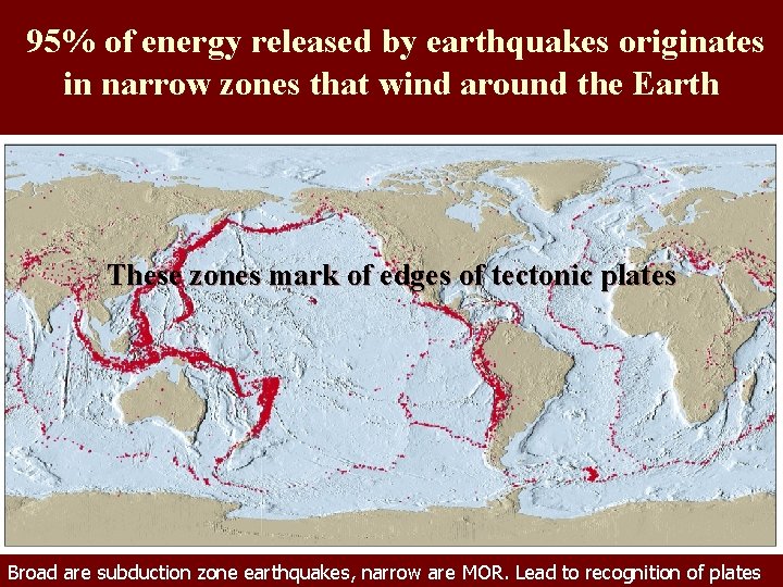 95% of energy released by earthquakes originates in narrow zones that wind around the