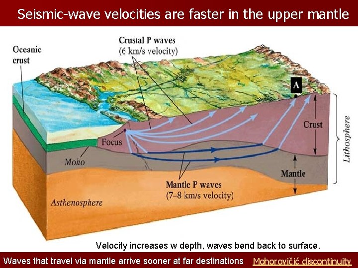 Seismic-wave velocities are faster in the upper mantle Velocity increases w depth, waves bend