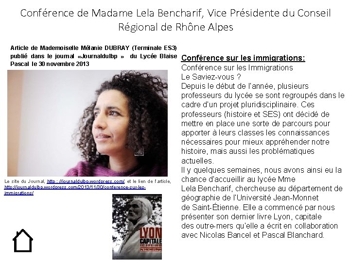 Conférence de Madame Lela Bencharif, Vice Présidente du Conseil Régional de Rhône Alpes Article