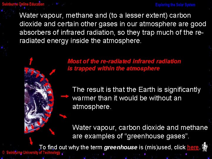 Water vapour, methane and (to a lesser extent) carbon dioxide and certain other gases