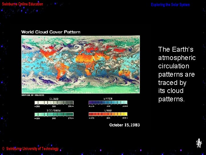 The Earth’s atmospheric circulation patterns are traced by its cloud patterns. 
