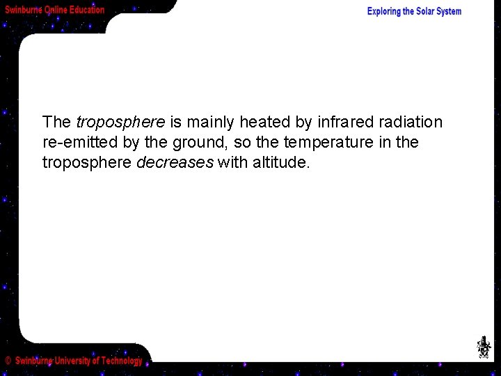 The troposphere is mainly heated by infrared radiation re-emitted by the ground, so the