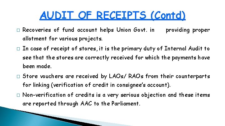 AUDIT OF RECEIPTS (Contd) � Recoveries of fund account helps Union Govt. in providing