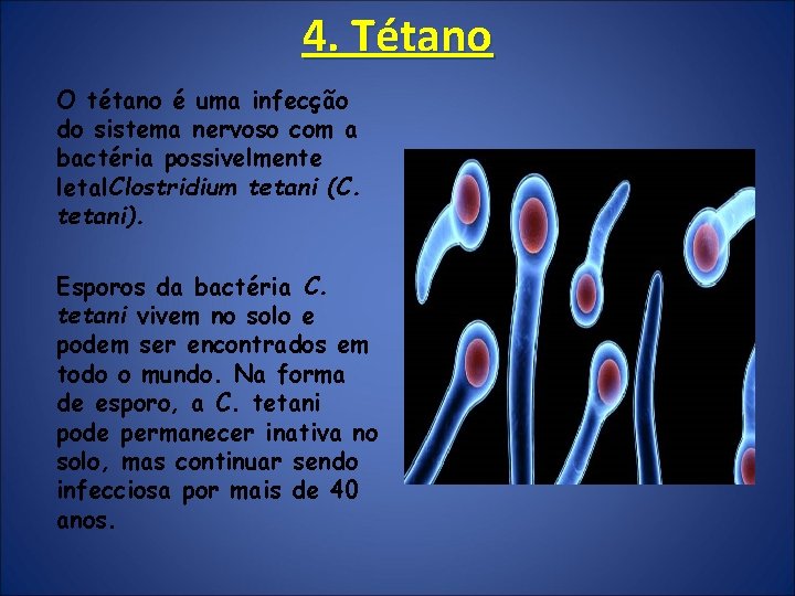 4. Tétano O tétano é uma infecção do sistema nervoso com a bactéria possivelmente 4. Tétano O tétano é uma infecção do sistema nervoso com a bactéria possivelmente