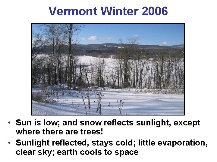 Vermont Winter 2006 • Sun is low; and snow reflects sunlight, except where there
