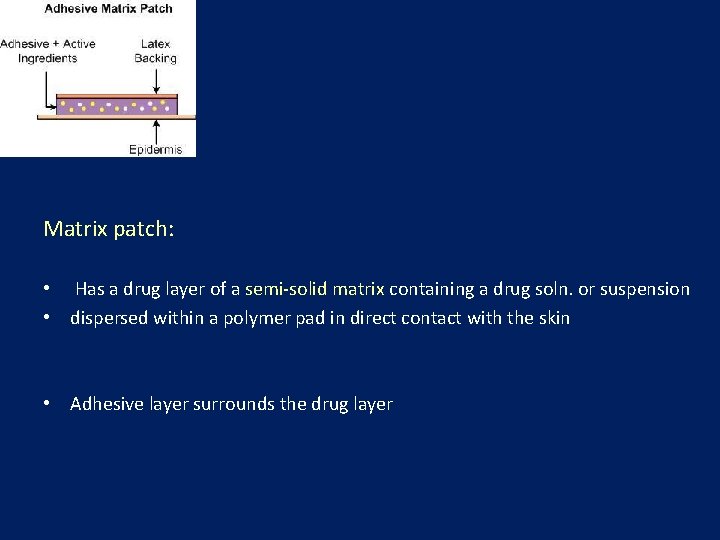 Matrix patch: • Has a drug layer of a semi-solid matrix containing a drug